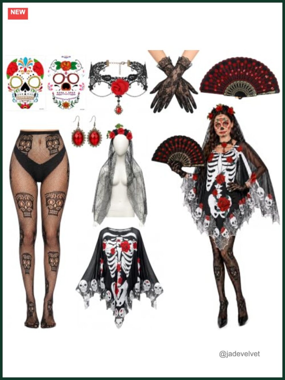 Day of the Dead Halloween Costume Cape Set Skeleton Poncho Accessories 9 Pcs
